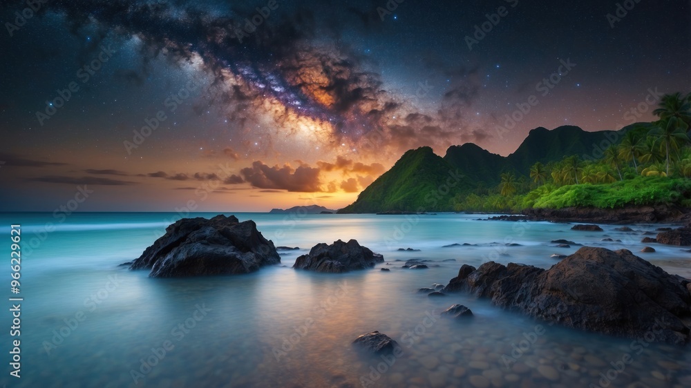 Image beautiful rocky coast and evening sky with galaxy Image beautiful rocky coast and evening sky with galaxy