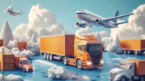 International delivery advertisement with trucks and planes, 3D elements.  photo