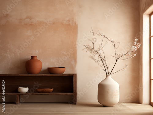 Wabi sabi and japandi japanese style rustic interior in in white, neutral and terracotta with wood, pottery and texture elements photo