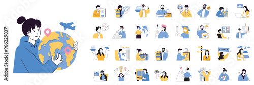 Travel concept mega set with character scenes in flat design for web. Bundle situations with people go in vacation, travelling in global journey, booking tickets, planning trip. Vector illustrations.
