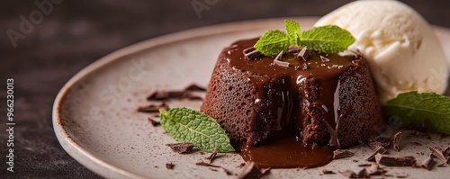 chocolate lava cake with vanilla ice cream on ceramic plate, dessert and indulgence concept