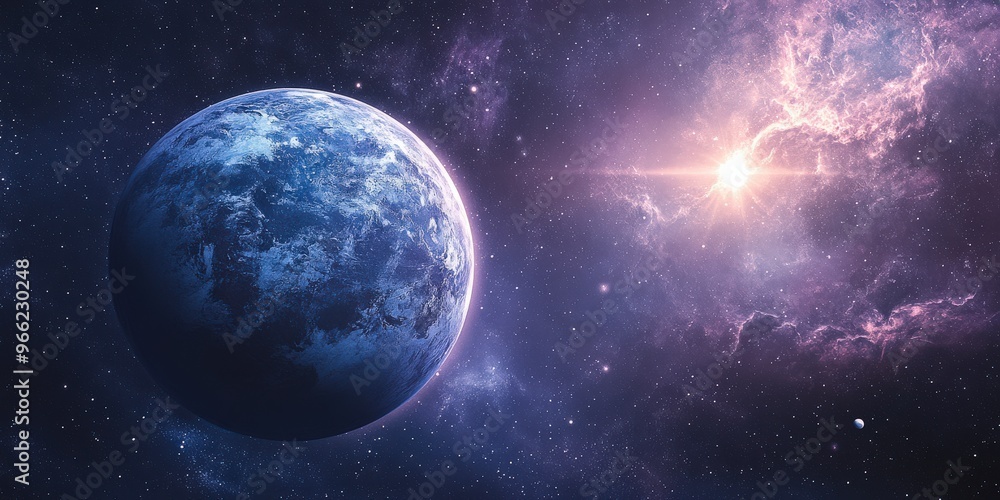 Blue and Pink Planet with Two Suns in Deep Space Blue and Pink Planet with Two Suns in Deep Space