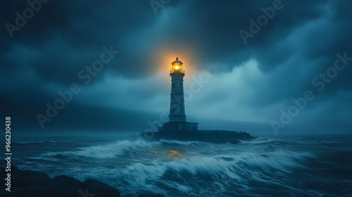 Lonely Lighthouse on the Coast - an old lighthouse that stands majestically on a rocky shore as the waves lap around it. photo