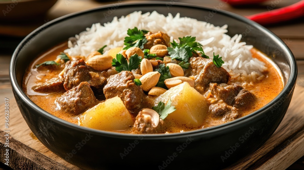 A steaming bowl of Thai Beef Massaman Curry with tender chunks of beef, potatoes, and peanuts, served with a side of jasmine rice and garnished with fresh herbs A steaming bowl of Thai Beef Massaman Curry with tender chunks of beef, potatoes, and peanuts, served with a side of jasmine rice and garnished with fresh herbs
