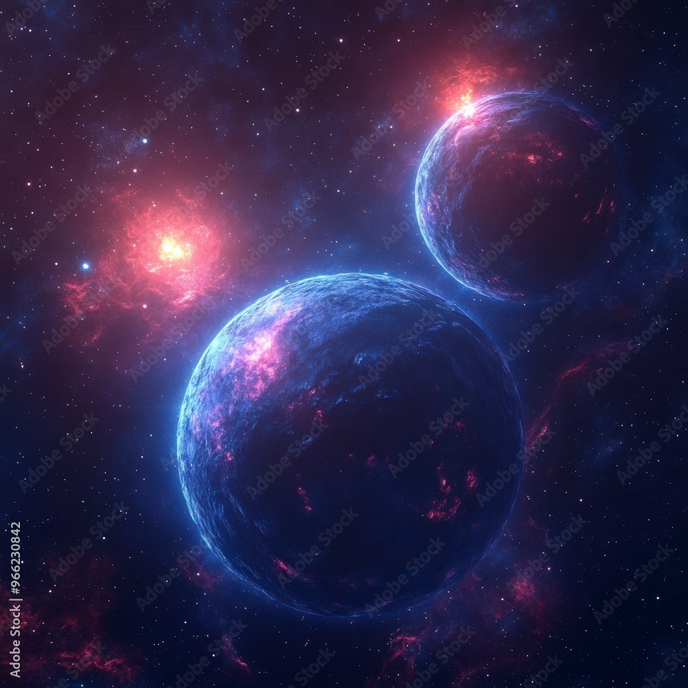 Blue and Pink Planet with Two Suns in Deep Space Blue and Pink Planet with Two Suns in Deep Space