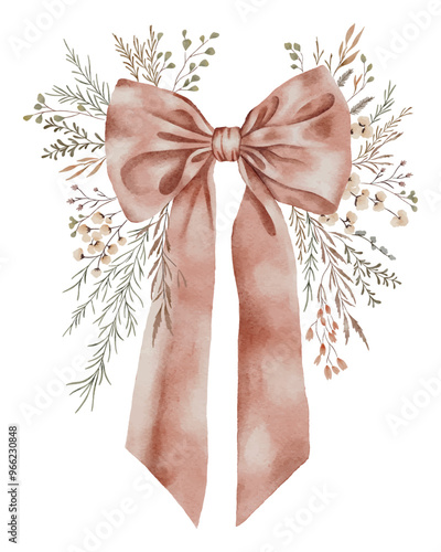Vector watercolour pink bow with flowers around. Modern fashion botanical art. Happy birthday greeting card decor