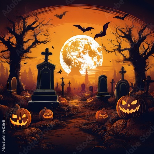 Spooky Halloween Night Cemetery Scene with Full Moon, Jack-O'-Lanterns, and Bats Against an Orange Sky