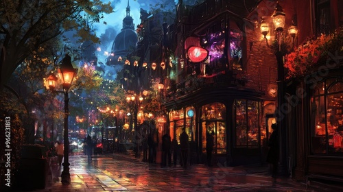 Wallpaper Mural A street corner with artfully designed street lights casting a warm glow on a bustling nightlife district, with people and activity adding to the vibrant scene. Torontodigital.ca