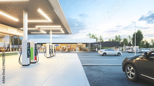 Fototapeta Naklejka Na Ścianę i Meble -  Modern gas station with charging stations for electric cars.