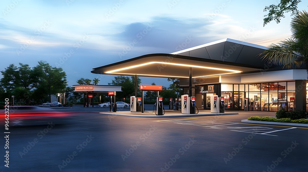 Modern electric vehicle charging station with a canopy at dusk. Modern electric vehicle charging station with a canopy at dusk.