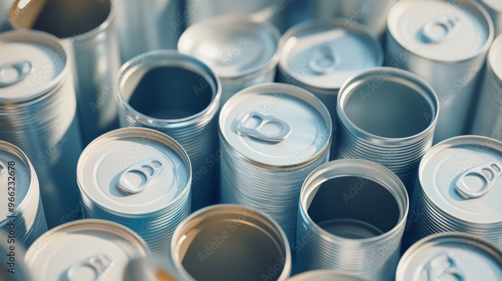 Empty open tin cans scattered, symbolizing waste management and recycling efforts in urban settings Empty open tin cans scattered, symbolizing waste management and recycling efforts in urban settings