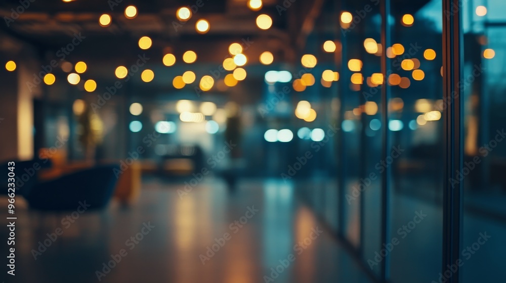 A blurred view of a modern office space illuminated by evening bokeh lights A blurred view of a modern office space illuminated by evening bokeh lights