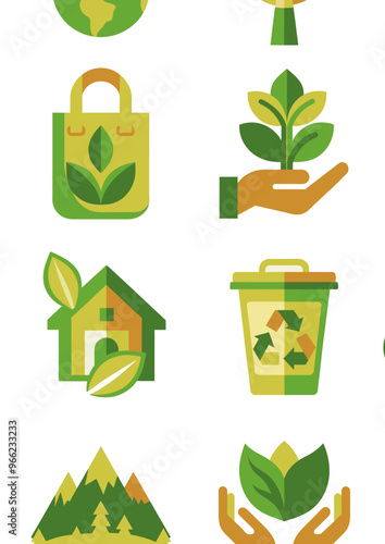Ecology icons collection, flat style, green and yellow, environmental awareness