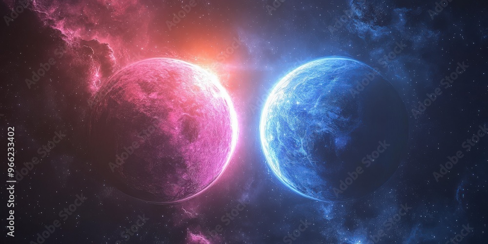 Blue and Pink Planet with Two Suns in Deep Space Blue and Pink Planet with Two Suns in Deep Space