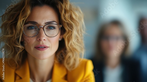 A poised woman with curly hair and glasses sits confidently, looking at the camera with a composed expression, indoors, surrounded by a professional environment.