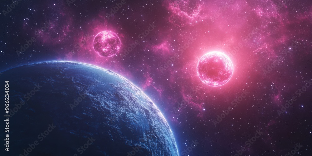 Obraz premium Blue and Pink Planet with Two Suns in Deep Space
