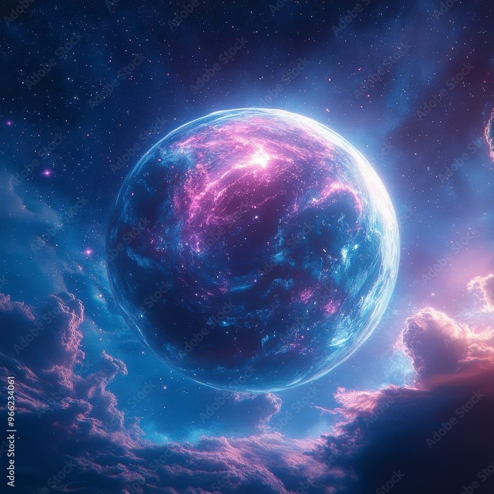 Obraz premium Blue and Pink Planet with Two Suns in Deep Space