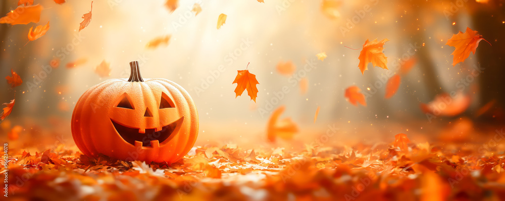 View of smiling Jack pumpkin in the park with autumn leaves around. Halloween concept. View of smiling Jack pumpkin in the park with autumn leaves around. Halloween concept.