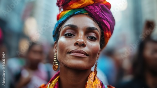 A woman wearing a colorful head wrap and gold earrings stands confidently amidst a vibrant street festival, exuding grace and pride in her cultural heritage.