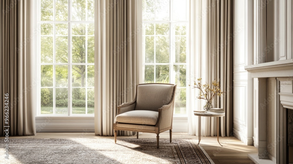A stylish living room with a mix of contemporary and traditional elements, including a vintage armchair, patterned rug, and elegant curtains, creating a sophisticated look. A stylish living room with a mix of contemporary and traditional elements, including a vintage armchair, patterned rug, and elegant curtains, creating a sophisticated look.