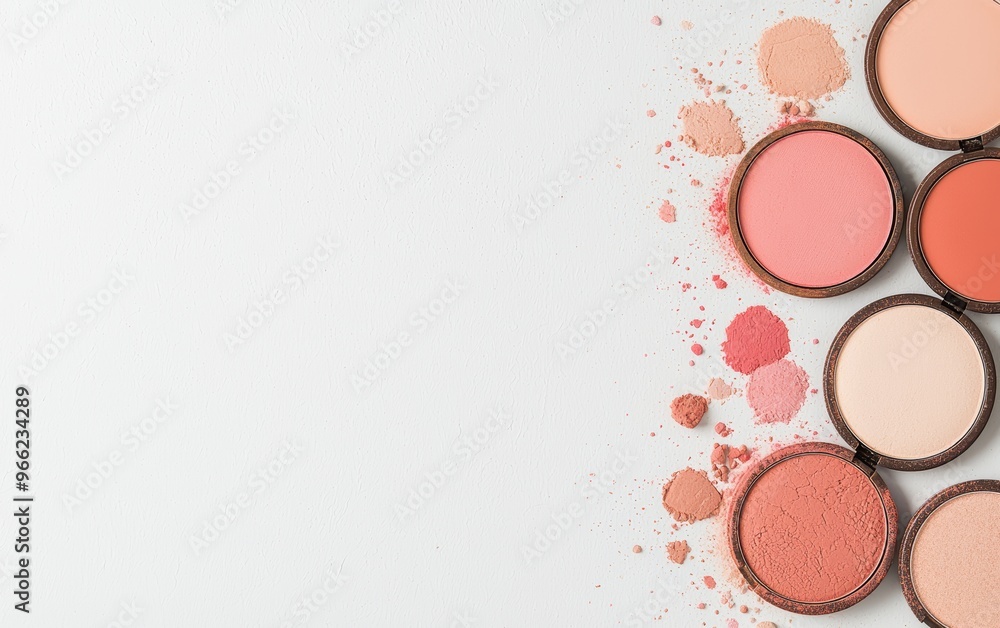 Top view of makeup powders and compacts arranged in a circular gradient, featuring soft hues and textured powder spills, perfect for beauty and cosmetics concepts Top view of makeup powders and compacts arranged in a circular gradient, featuring soft hues and textured powder spills, perfect for beauty and cosmetics concepts