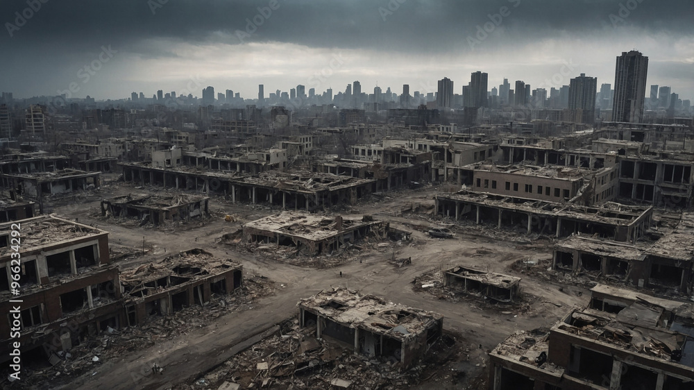 Fototapeta premium Desolate cityscape with ruined buildings under ominous clouds, depicting an apocalyptic environment.