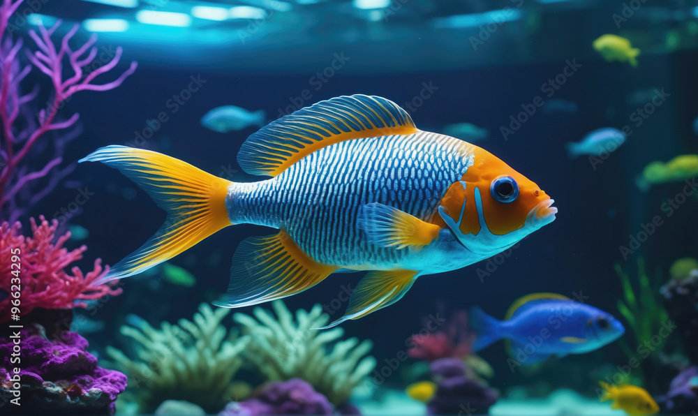 A bright orange, blue, and yellow fish swims through a colorful coral reef in an aquarium A bright orange, blue, and yellow fish swims through a colorful coral reef in an aquarium