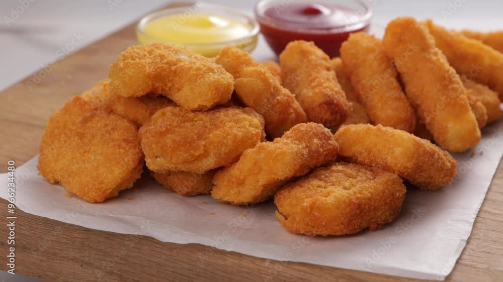 rotation golden crispy fried chicken nuggets close up and dipps rotation golden crispy fried chicken nuggets close up and dipps