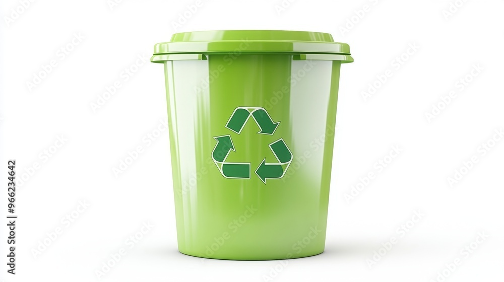 Modern green trash can with recycle icon against a white background in a minimalist design Modern green trash can with recycle icon against a white background in a minimalist design