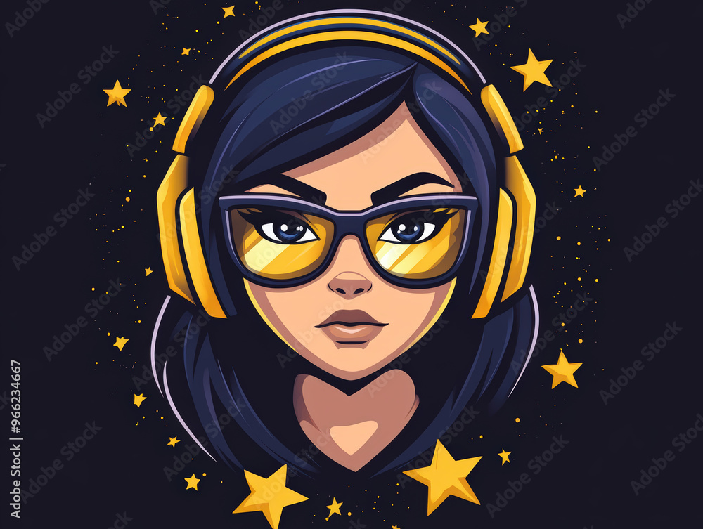 Musician's Night Dream. Illustration of a person in glasses and yellow headphones set against a starry night sky background. Musician's Night Dream. Illustration of a person in glasses and yellow headphones set against a starry night sky background.