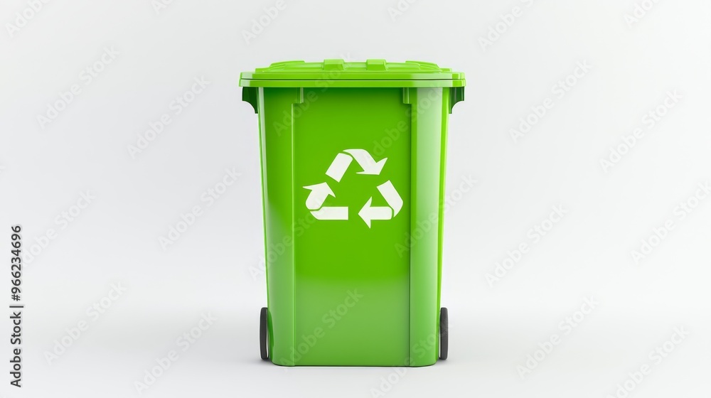 Modern green trash can with recycle icon against minimal white background Modern green trash can with recycle icon against minimal white background