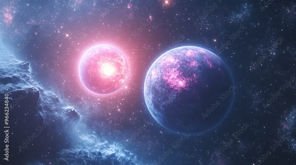 Blue and Pink Planet with Two Suns in Deep Space Blue and Pink Planet with Two Suns in Deep Space