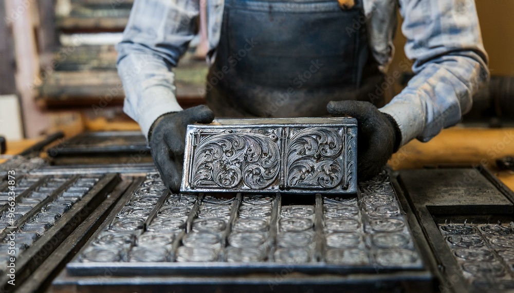 A metal plate elaborately engraved with letters and pictures. A metal plate elaborately engraved with letters and pictures.