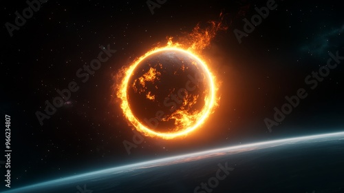 A fiery ring encircles a planet, burning brightly against the backdrop of a vast, star-filled space. This image symbolizes the power of nature, the potential for destruction, and the beauty of celesti photo