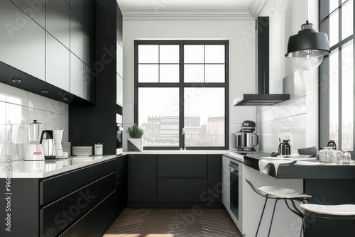 Modern elegant kitchen stock photo Interior design of elegant kitchen with black and white elements- 3d render 