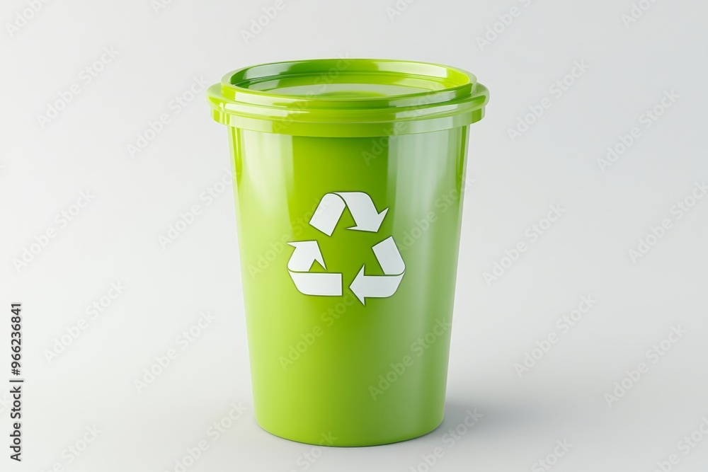 Vivid green trash can with recycling icon on a seamless white background Vivid green trash can with recycling icon on a seamless white background
