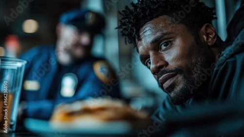 A police officer sits at a diner counter enjoying a hearty meal, with a close colleague nearby. The atmosphere is relaxed as they take a break from their demanding duties.