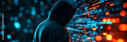 A hooded figure stands in front of a screen filled with binary code, symbolizing a cybersecurity expert in action. The figure represents a hacker, data protection, and the importance of online securit photo