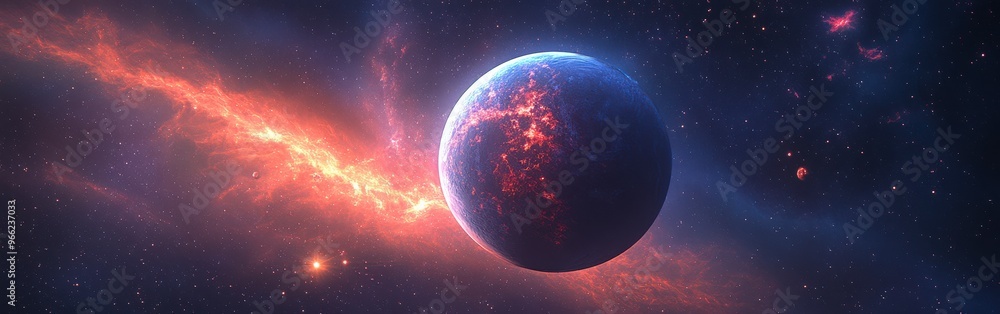 Obraz premium Blue and Pink Planet with Two Suns in Deep Space