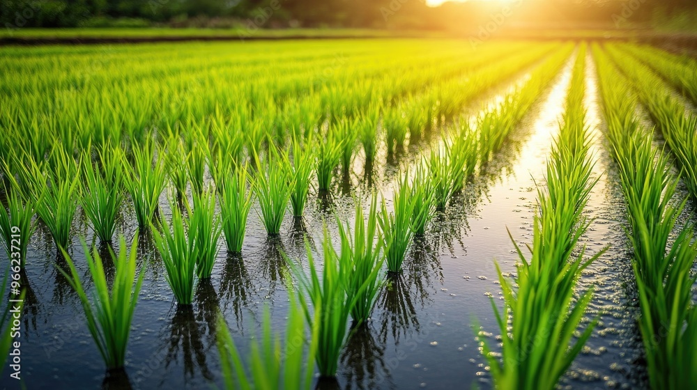 Fototapeta premium A traditional rice field with water-filled paddies and vibrant green rice plants, reflecting the importance of water management in rice cultivation and agricultural practices.
