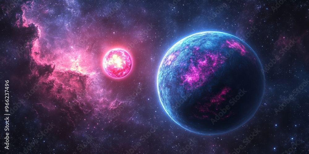 Obraz premium Blue and Pink Planet with Two Suns in Deep Space
