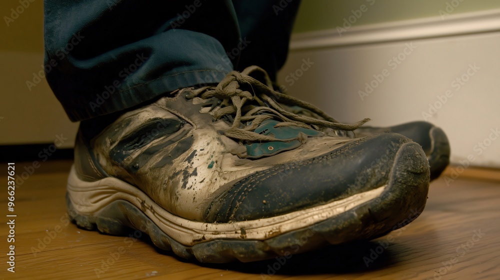 Construction worker wearing dirty shoes inside house after work Construction worker wearing dirty shoes inside house after work