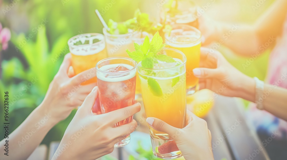 Fototapeta premium Friends toasting with colorful summer cocktails outdoors