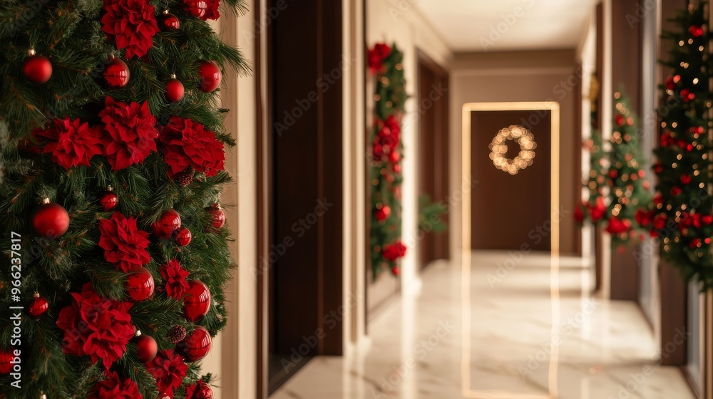 Fototapeta premium A luxurious hallway adorned with festive Christmas decorations. Lush greenery is embellished with red flowers and ornaments, creating a warm and inviting ambiance. The hallway's elegant marble floor a