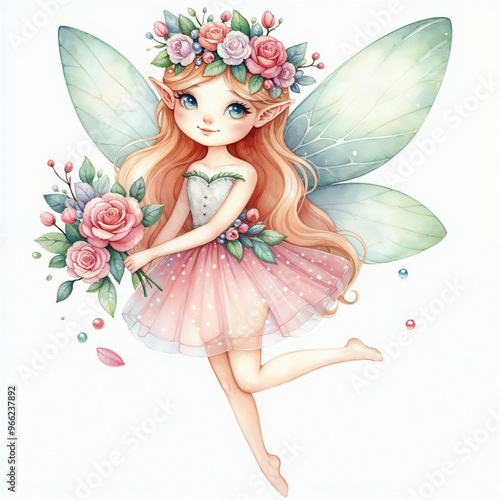 Cute cartoon fairy with wings on white background. AI