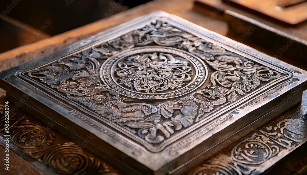 A metal plate elaborately engraved with letters and pictures. A metal plate elaborately engraved with letters and pictures.
