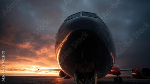 A powerful close-up shot of an airplane's nose facing the runway at sunset, with dramatic lighting and clouds enhancing the dramatic and adventurous atmosphere.