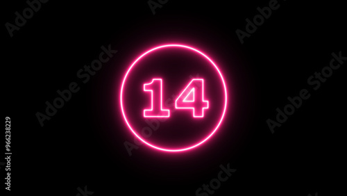 Glowing neon number 14 , neon light colorful number of illustration on black background. Glowing neon lighting on dark background. Numbers futuristic style