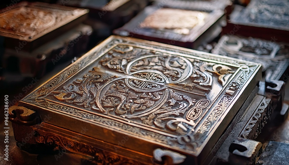 A metal plate elaborately engraved with letters and pictures. A metal plate elaborately engraved with letters and pictures.