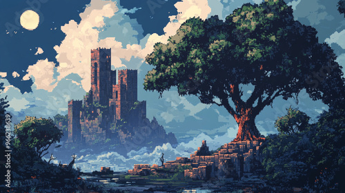 pixel art panorama of the mountains